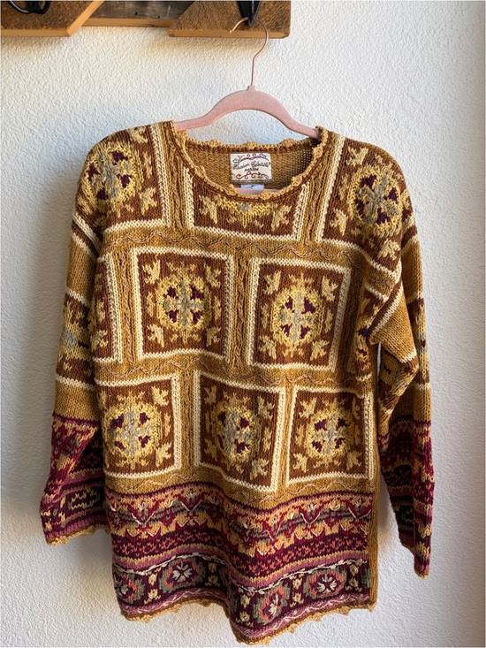 Vintage Sweaters - Vintage 90s Heirloom Collectibles Gold Knit Cottagecore Patchwork Sweater P